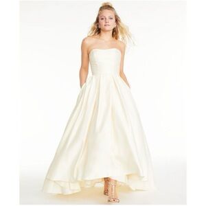 Betsy and Adam yellow strapless high low ball gown